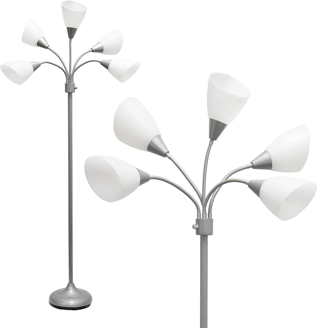 Simple Designs LF2006-SVW 67" Contemporary Multi Head Medusa 5 Light Adjustable Gooseneck Silver Floor Lamp with White Shades for Kids Bedroom Playroom Living Room Office (30 x 10 x 67)