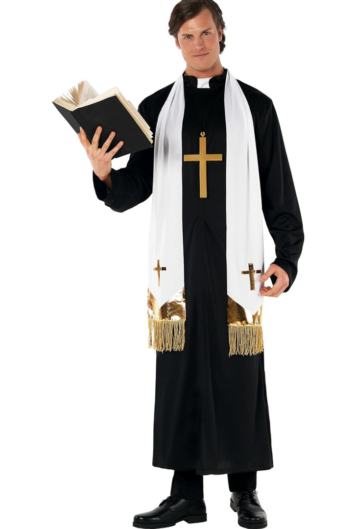 Morph Priest Costume Men Exorcist Outfit Adult Priest Costume With Collar Plus Accessories For Halloween Party, Size L