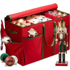 ZOBER Large Christmas Ornament Storage Box - Stores 80 3" Ornaments, With Dividers - With Large Compartment for Figurines, and Accessories, Durable Christmas Containers Holder (Red, 80-3" Ornaments)