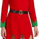 Syhood 5 Pcs Christmas Elf Costume Kids Girls Velvet Elf Costume Santa's Helper Outfit with Hat Shoes Belt Striped Stockings(Fit 7-12 Years Old, Bright Color)