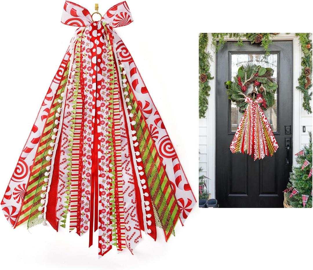 2 x Christmas Wreath Sash for Front Door Candy Peppermint Decorative Assorted Ribbons for Wreaths for Winter Holiday Christmas Yard Porch Decor