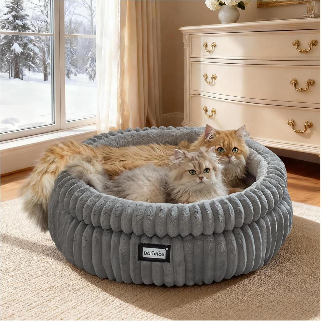 BALANCE Cat Bed Kitten Bed, Washable Round Cat Beds for Indoor Cats,Super Soft Plush Faux Fur Pet Bed for Puppy and Kitten with Anti-Slip Bottom (Grey)