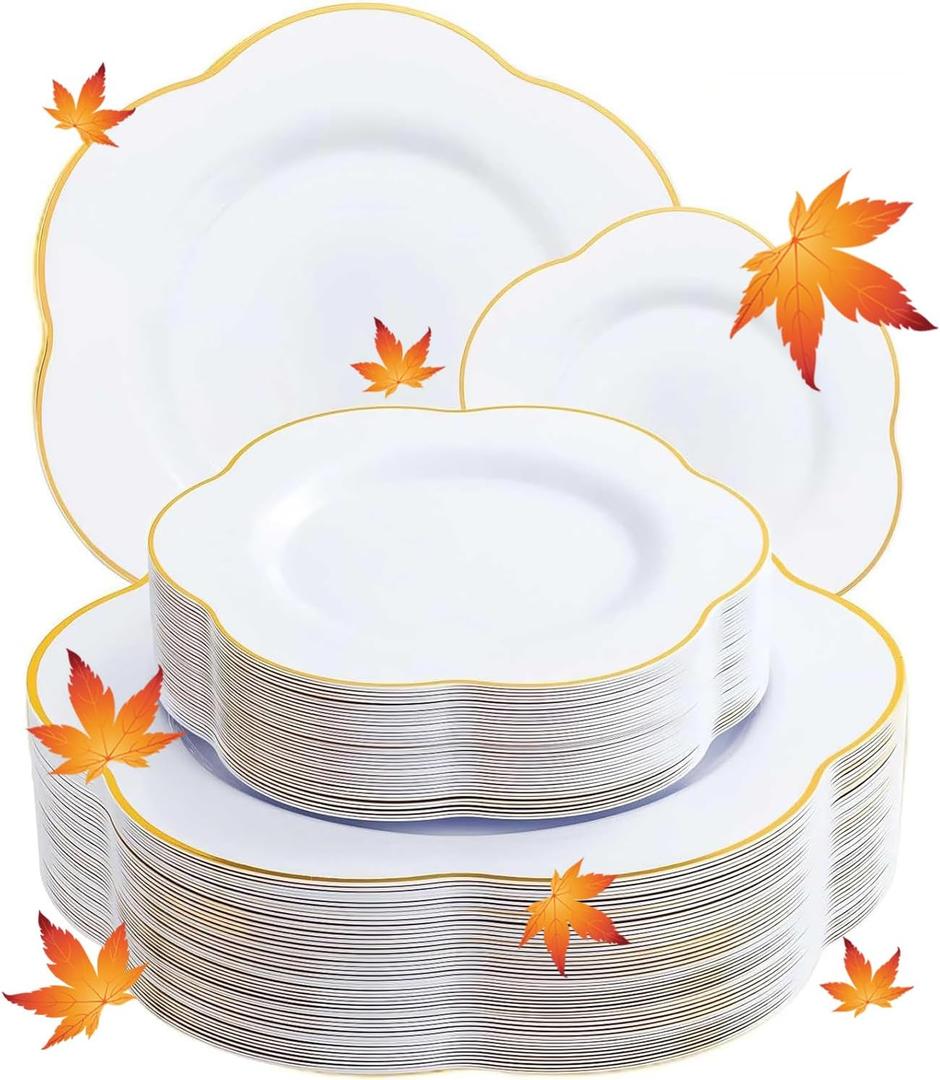 Liacere 50PCS White Plastic Plates - Heavy Duty Disposable - White and Gold Plastic Plates Include 25PCS 7inch and 10inch plates for Party & Baby Shower Gifts & Fall Decor & Thanksgiving