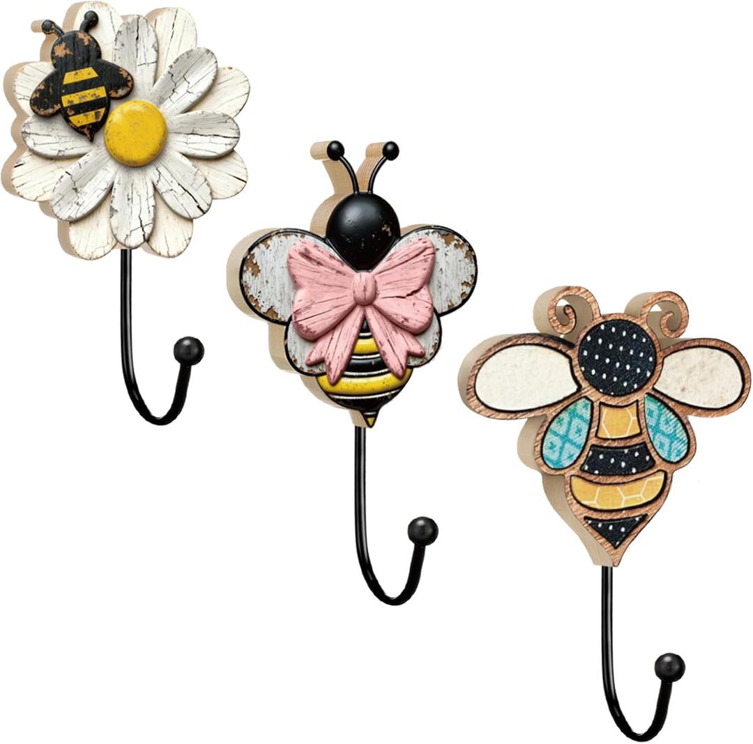 Kathfly 3 Pcs Bee Decorative Wall Hook Large Farmhouse Flower Coat Hook Vintage Wall Mounted Towel Holders for Hanging Coat Clothes, Keys, Hats, Towels Nursery Bathroom Bedroom Decor