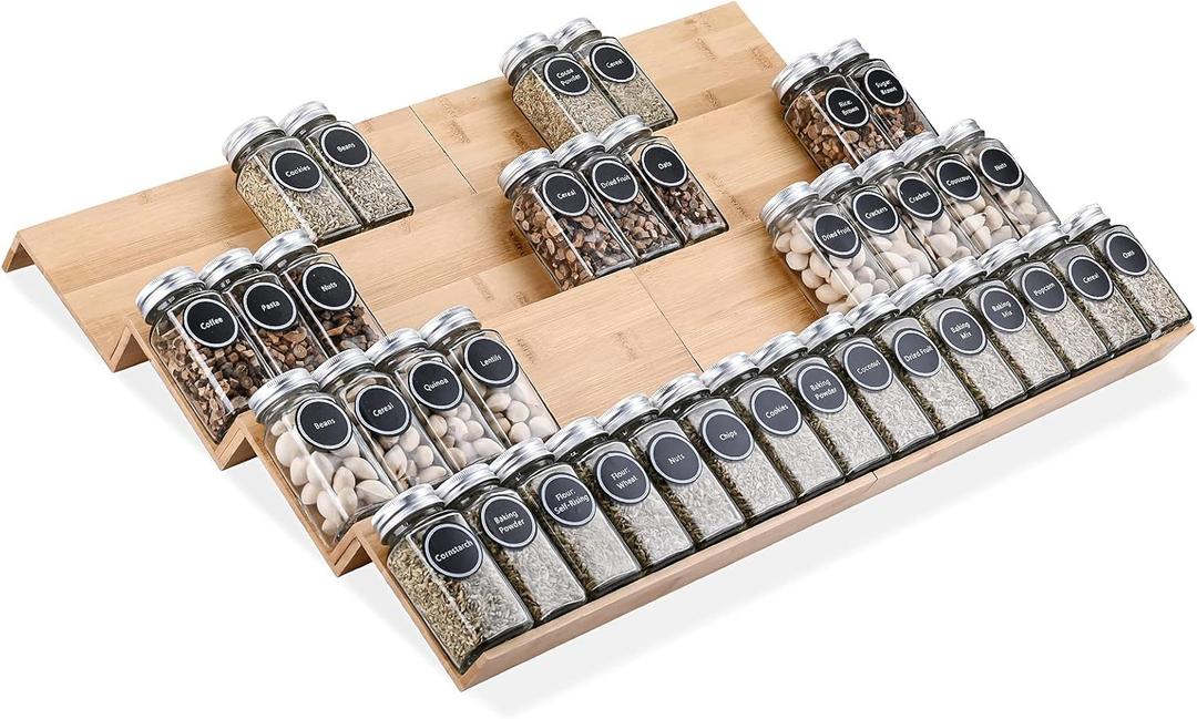Bamboo Spice Rack Tray - Spice Drawer Organizer for Kitchen Cabinets Storage and Organization (Jars Not Included)