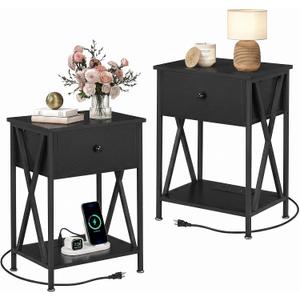 VECELO Nightstand Set of 2,End Tables with Charging Station,Bed Side Table with Open Shelf &USB Ports & Outlets,Small Dresser for Bedroom, Living Room,Black, 2-Pack