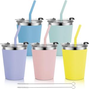 Stainless Steel Kids Cups with Lids and Straws Leakproof, 5 Pack 12oz Spill Proof Cup for Kids Tumblers Unbreakable Sippy Cup with Straws for School, Outdoor (Multicolor) (Light Blue, Green, Pink, Purple Yellow)