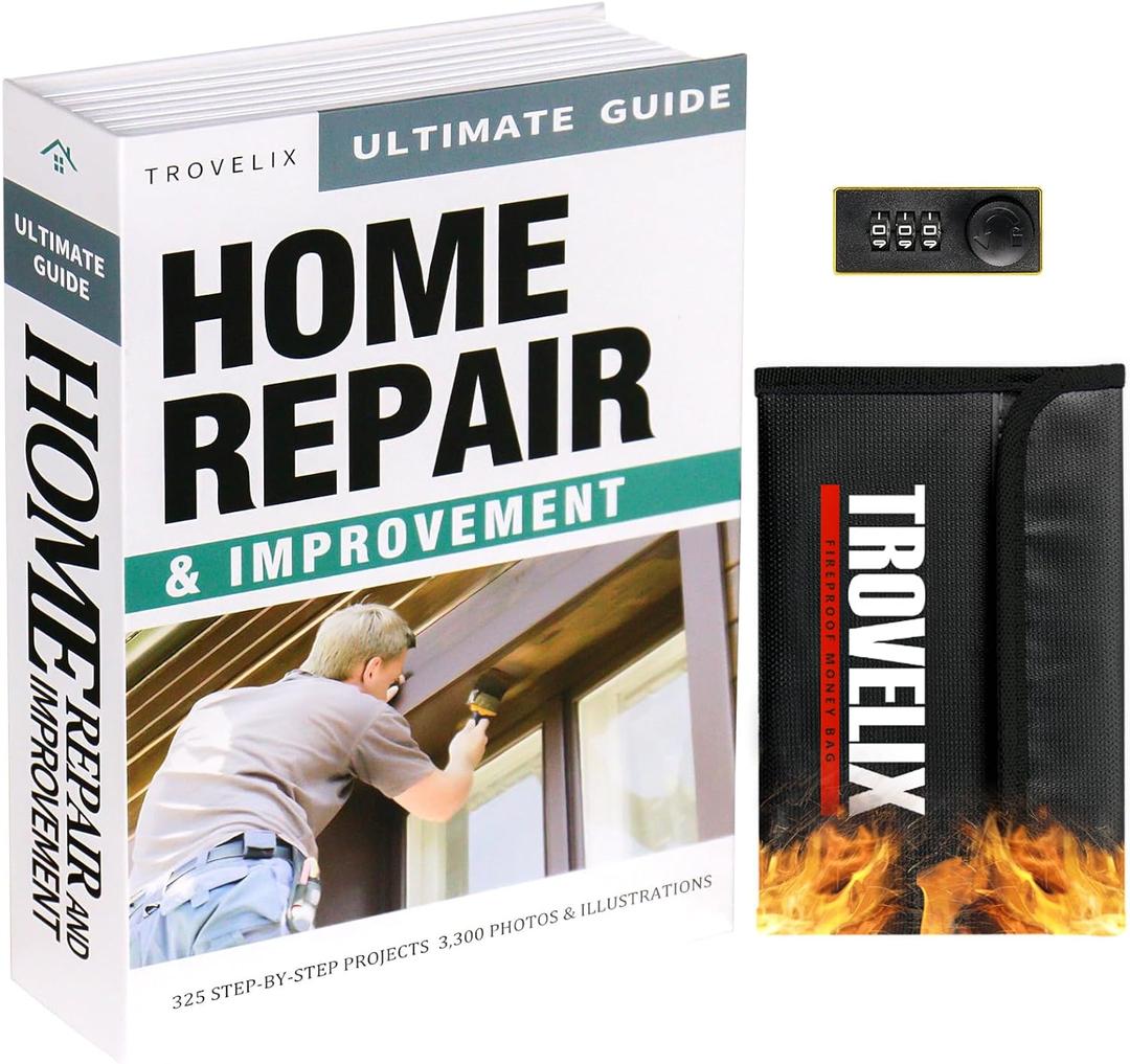 Book Safe with Combination Lock, Hidden Safe (10.55 x 7.95 x 2.62 Inch) with Fireproof Bag, Secret Diversion Safe, Hollow Book Box Hidden Storage, Money Safe Box for Cash (Home Repair)