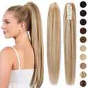 S-noilite Claw Clip Ponytail Extension Human Hair Real Remy Human Hair Ponytail Extension Long Straight Hair Pony Tails Hair Extensions For Women 14inch #12P613 Golden Brown mix Bleach Blonde 105Grams