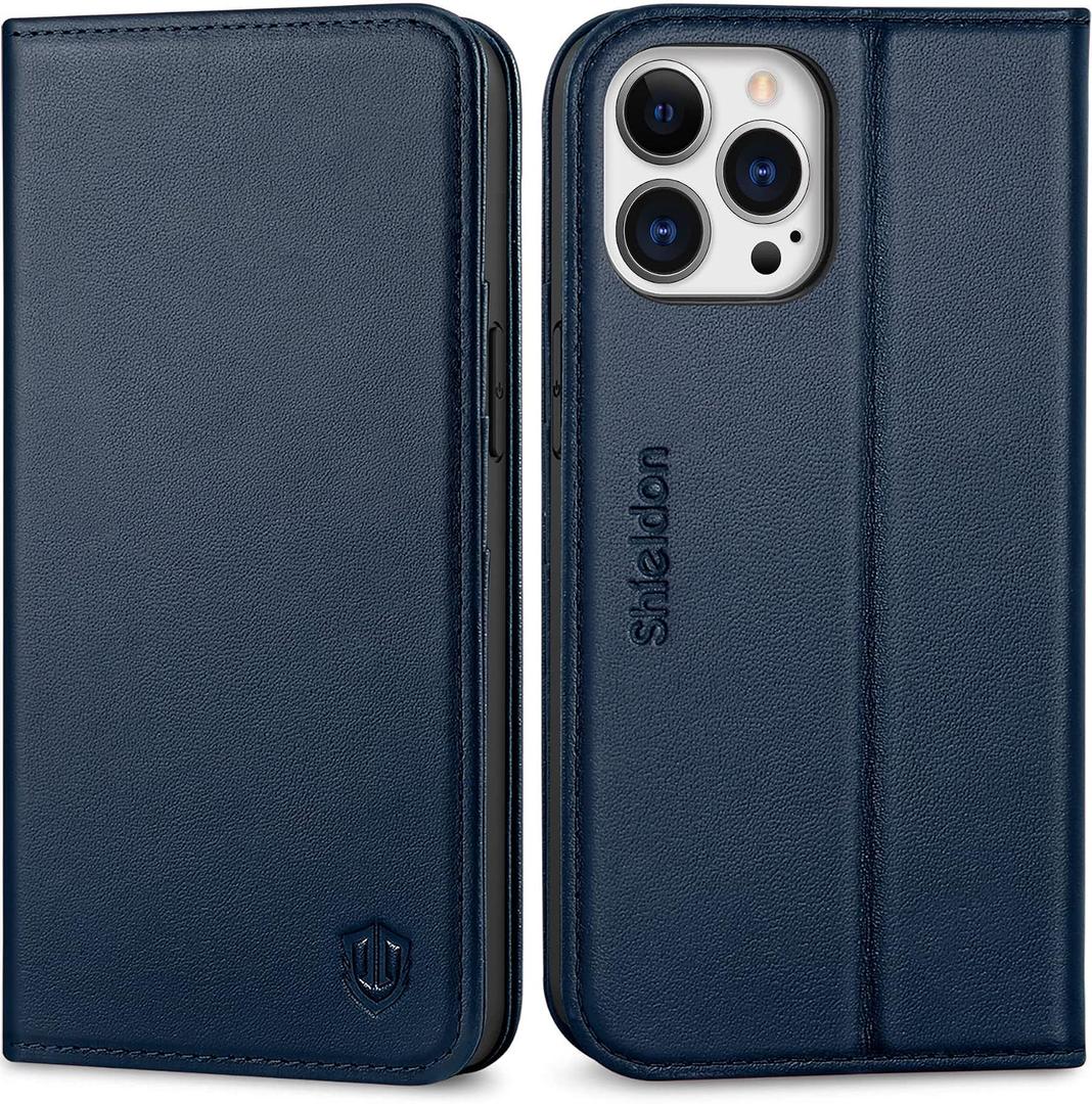SHIELDON Case for iPhone 13 Pro 6.1", Genuine Leather Wallet Folio Case RFID Blocking Card Holder Kickstand Shock Absorbing Protection Cover Compatible with iPhone 13 Pro 5G - Navy Blue