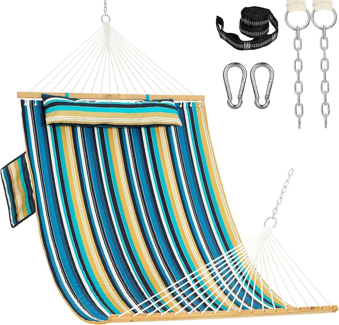 Lazy Daze Double Hammock with Pillow & Straps for Outside, Beach Stripes, This hammock holds up to 450 lbs and is spacious enough for two people. It has a total length of 10.5 ft (ring to ring), with a bed measuring 78.7" x 55.1"