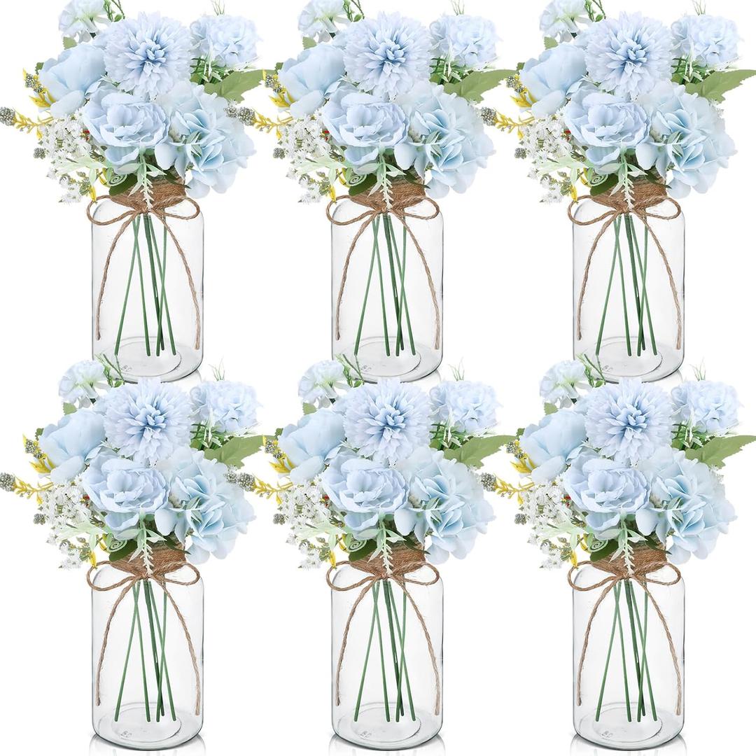 Zeyune 6 Set Mason Jar Centerpiece for Table, Artificial Hydrangeas Vintage Vases Centerpieces, Clear Flower Glasses Decor Gifts for Wedding, Home, Anniversary, Birthday Party(Blue)