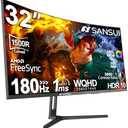 SANSUI 32-Inch Curved Gaming Monitor WQHD 2560 x 1440 180Hz Curved 1500R -1ms(OD), HDR, 300nits, sRGB 125%, DCI-P3 95%, FreeSync, HDMI x2, DP1.2x2(ES-G32C3 DP Cable Included)