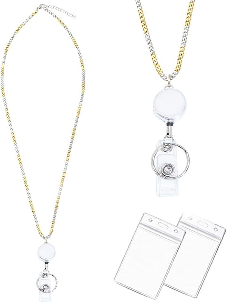 Lanyards for Id Badges Stainless Steel Metal Teacher Lanyard with Id Holder Retractable Cruise Ship Badge Holder for Women (Gold/Silver 14)