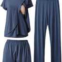 Rnxrbb 3 Piece Postpartum Nursing Pajamas Set Casual Soft Maternity Breastfeeding Pjs Sleepwear Loungewear Clothes Layer, L