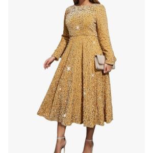 ONTINVA Womens Glitter Sequined Dress Crew Neck Long Sleeve Ruffle Hem Swing Club Cocktail Party Maxi Dresses XL