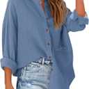 NOLLSOM Casual Shirts for Women Long Sleeve Button Down Blouses Spring 2026 Solid Color Trendy Tops with Pocket (Blue, M)