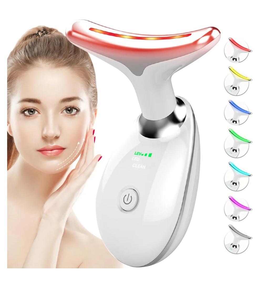 SDKWDH RedLightTherapyforFaceandNeck, 7 Color Face Massager Tool for Wrinkles, Double Chin, Vibrating Facial Massager with Thermals for Skin Care, Glossy White