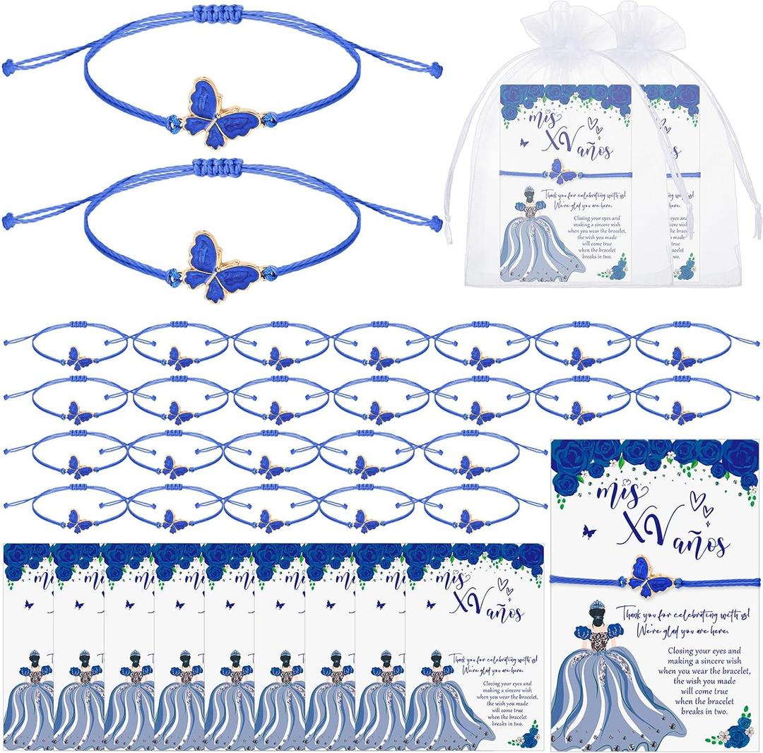 Wenqik 50 Sets Quinceanera Party Favors for Guests Butterfly Wish Bracelet with Thank You Cards Organza Gift Bags Quinceanera Gift for Sweet 15 Year Birthday Supply Recuerdos De Quinceañera (Blue)