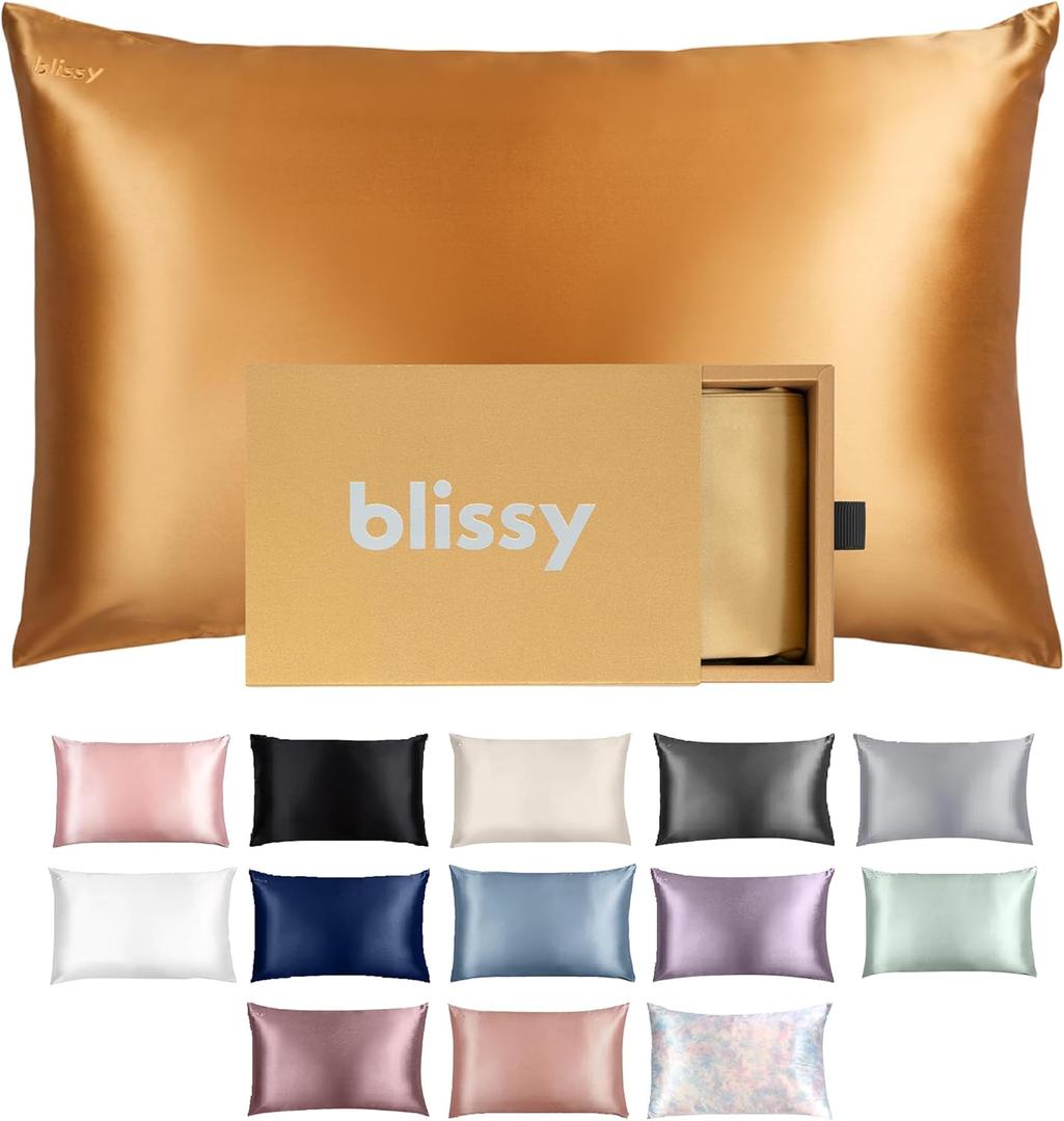 Blissy Silk Pillowcase - 100% Pure Mulberry Silk - 22 Momme 6A High-Grade Fibers - Silk Pillow Cover for Hair & Skin - Regular, Queen & King with Hidden Zipper (King, Gold)