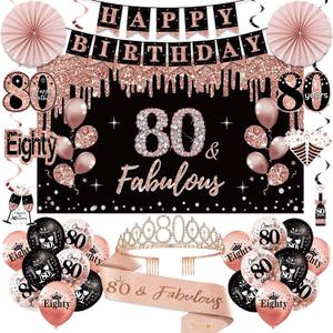 80th Birthday Decorations for Women, 33pcs 80th Birthday Crown and Sash, Black Rose Gold Happy 80th Birthday Banner Balloons Backdrop Hanging Swirls Paper Fans, 80 Years Old Birthday Decorations Kit