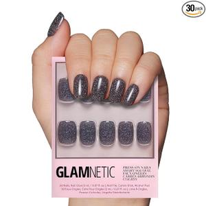 Glamnetic Press On Nails - Cosmic | Semi-Transparent Sparkly Black Short Squoval Fake Nails with a Glossy Finish, Salon Quality | 15 Sizes - 30 Nail Kit with Glue