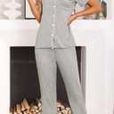 Samring Women Pajamas Sets 2 Piece Short Sleeve Soft Sleepwear Pjs Lounge Set Button Down Nightwear with Long Pants (Gray, XXL)