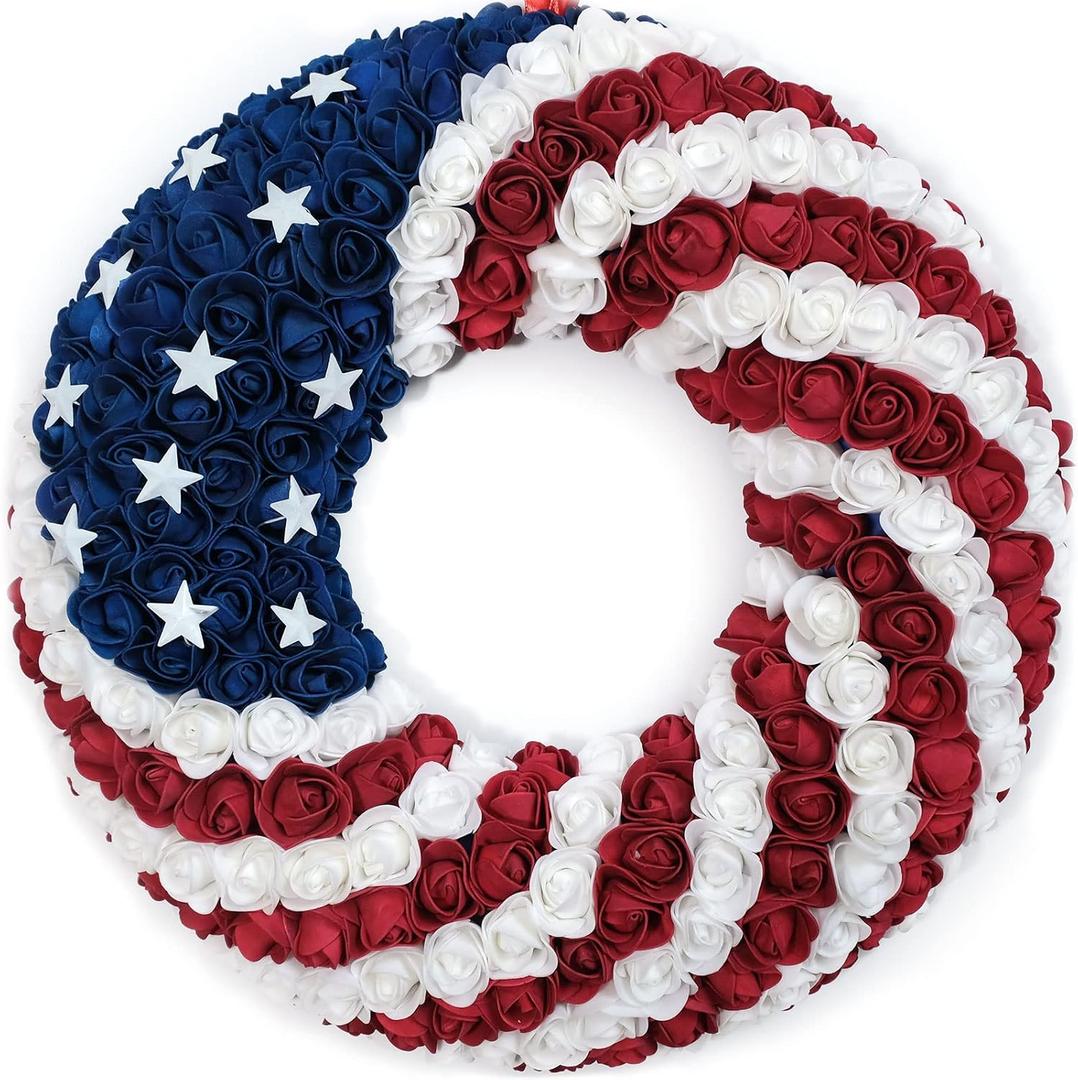 18Inch Patriotic Roses Wreath, 4th of July Summer Soft Touch Foam Roses Wreath for The Front Door, Handcrafted Memorial Day Artificial Flowers for Indoor and Outdoor