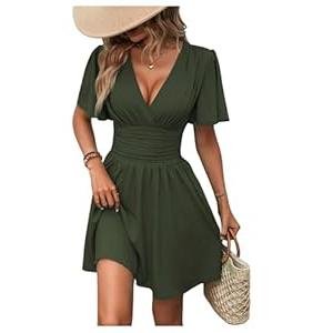 Milumia Women's Summer Ruched A Line Wrap Mini Dress Short Sleeve V Neck Swing Short Dress Green Small
