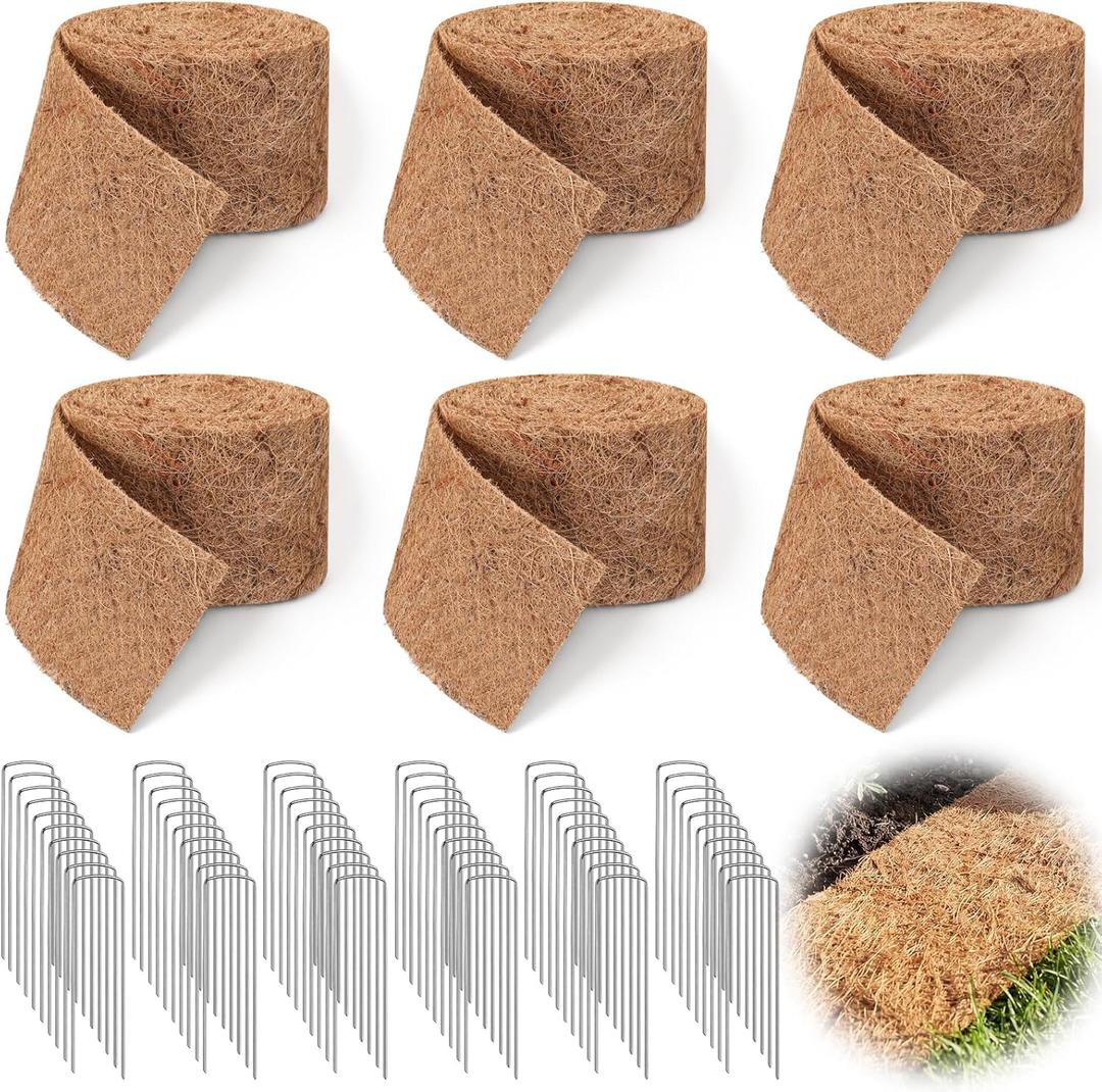 Tinideya 6 Pcs Natural Mulch Roll for Landscaping 118'' x 4.5'' Per Roll Coconut Fiber Mulch Mat with 60 U-Shaped Steel Stakes Cuttable Coconut Liner for Garden Edgings Wrap Trunk Planter Pet Pad