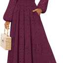ZESICA Women's Fall Long Sleeve Maxi Dresses 2026 Square Neck Hollow Out Eyelet Smocked A Line Cocktail Party Dress, Fuchsia, Large