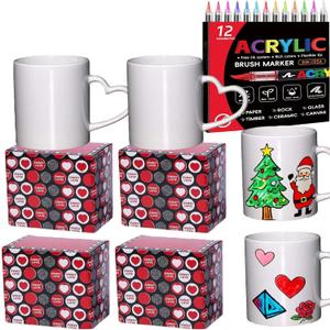 4 Pcs Mug Painting Kit Paint Your Own Mug With Gift Box Crafts for Couples Mom and Dad and friends DIY Gift(12 OZ)