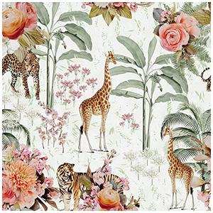 HAOKHOME Forest Peel and Stick Floral Wallpaper Jungle Animal Removable White/Green/Pink Vinyl Self Adhesive Mural 17.7in x 9.8ft
