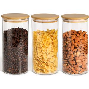 ComSaf Airtight Glass Storage Canister with Wood Lid(1.5 Qt), Set of 3 Glass Jars with Lids, Clear Food Storage Container Jar with Sealing Lids for Dry Food Cereal Oat Sugar Tea Coffee Beans, Round