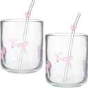 Skylety 2 Set 2 Pink Bow Icon Juice Glass with 2 Pink Bow Glass Straws Bow Aesthetic Cup 14 Ounce Double Old Fashioned Icon Handblown Cocktail Glass for Women Sister Friend Party