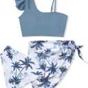 Girls Swimsuits Hawaiian Teen Bathing Suits 3 Piece Tropical Floral Ruffle Strap Bikini Set with Cover Up Skirt 9-16T (Blue)