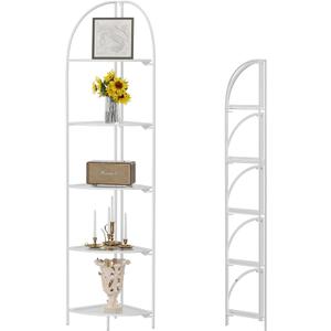 Crofy Foldable 5 Tier Corner Shelf, Metal Corner Plant Stand with White Frame and Transparent Shelves, Corner Display Rack Multipurpose Shelving Unit for Living Room, Bedroom, Bathroom