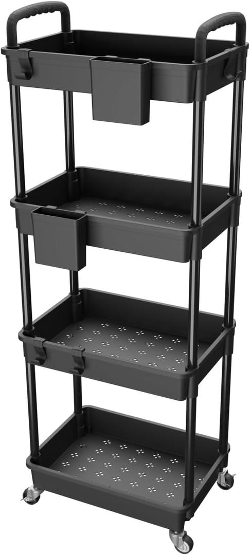 4 Tier Rolling Utility Cart with Handle,REBECAT Utility Cart Made of Multifunctional Storage Organizer Tool for Kitchen,Bathroom,Living Room,Office(Black)