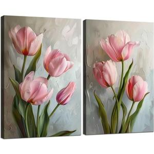 Pankila Tulip Floral Wall Art Pink Tulip Pictures Canvas Prints Abstract Tulip Flower Wall Decor for Living Room Bedroom Bathroom Office Home Decorations Framed Artwork (16''W X 24''H X 2Pcs)