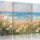 Coastal Wildflowers Wall Art Blue Ocean Landscape Wall Decor Flower Seascape Summer Painting Picture Beach Daisy Floral Poster Prints Artwork for Living Room Bedroom Home Decoratio Unframed, 24L"x16W"
