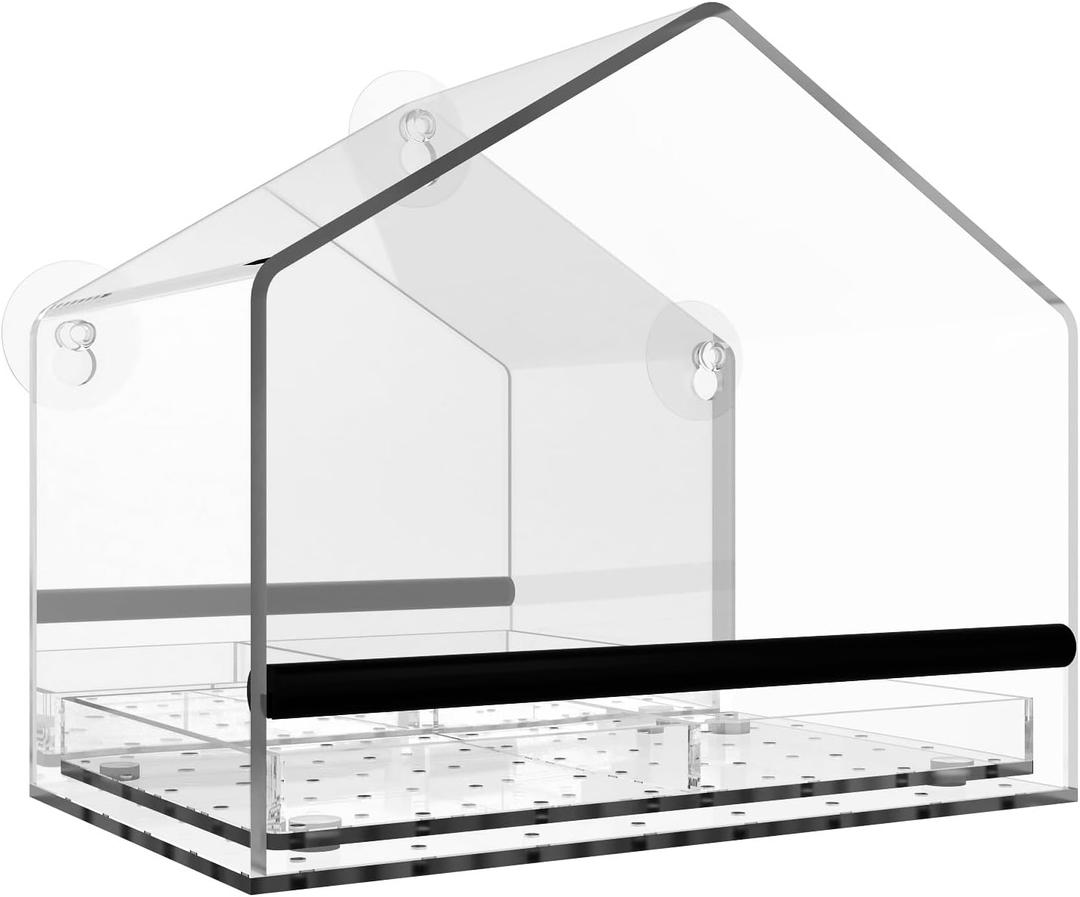 One Way Window Bird Feeder for Outside with Strong Suction Cups, Clear Acrylic Wild Bird House for Cats Viewing, Large Transparent Window Mount Birdfeeder for Bird Lovers Gift