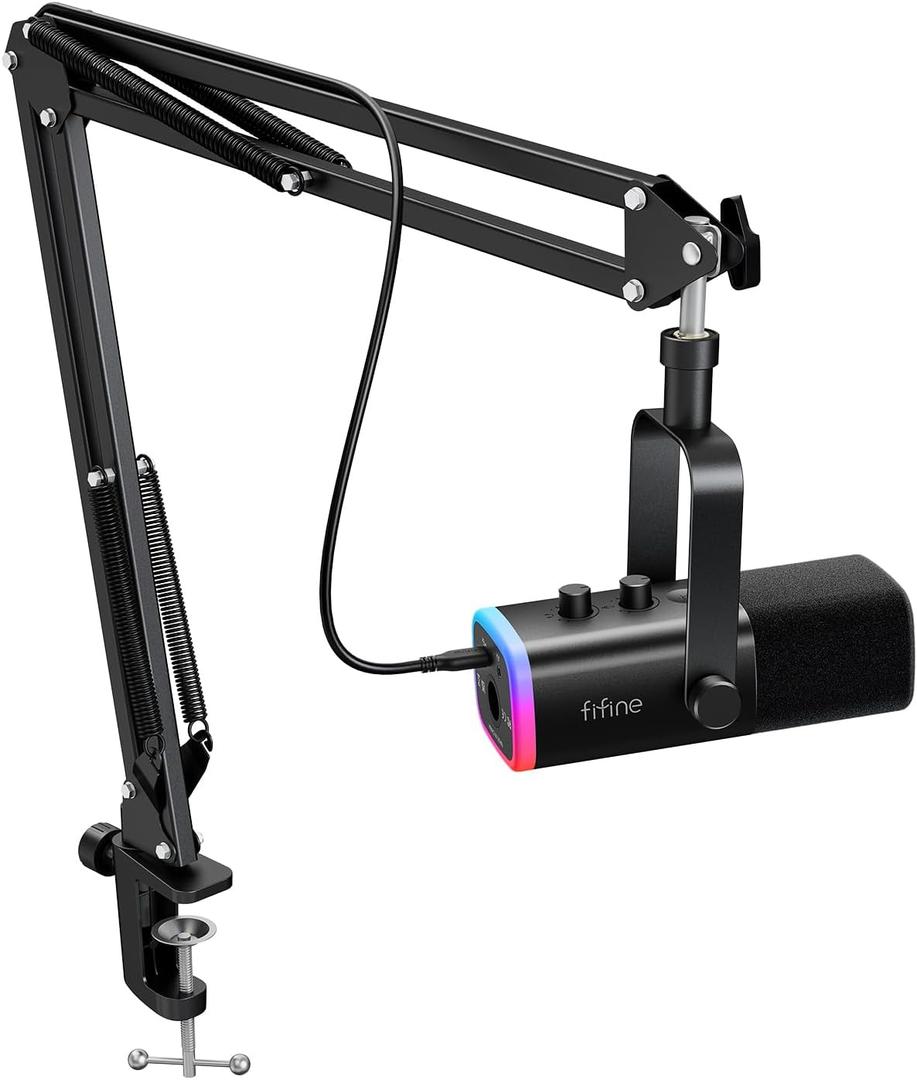 FIFINE XLR/USB Gaming Microphone Set, Dynamic PC Mic for Streaming Podcasting, Computer RGB Mic Kit with Boom Arm Stand, Mute Button, Headphones Jack, for Recording Vocal Voice-Over-AmpliGame AM8T (Black)