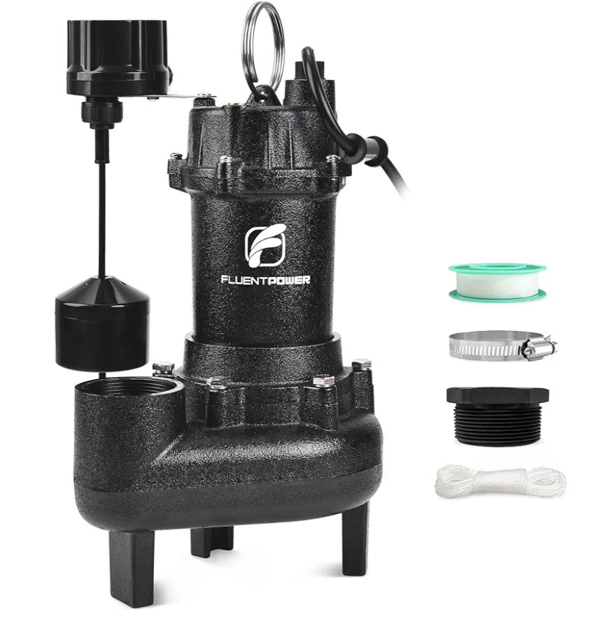 FLUENTPOWER 3/4HP 5000GPH Sewage Effluent Pump, Cast Iron Ejector Submersible Sewer Pump, with Automatic Vertical Float Switch for Basement Residential Septic Basin, 10 ft Cord, 2" NPT Discharge