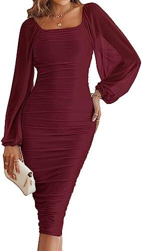 MEROKEETY Women's Long Sleeve Wedding Guest Formal Dress Fall Winter Ruched Bodycon Mesh Cocktail Party Midi Dresses Size M