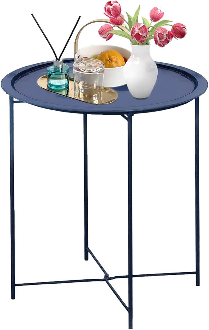 Garden 4 you End Table Outdoor Side Table, Small Patio Table Metal Side Table, Round Folding Side Table, for Outdoor and Living Room, Dark Blue