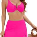 Jolefille 3 Piece Underwire Bikini Sets for Women High Waisted Swimsuit Ruched Tummy Control Bathing Suit Swim Skirt, XL