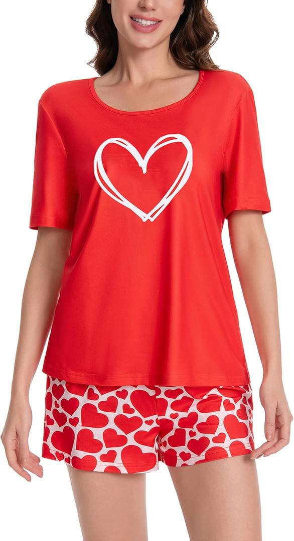 Women Cute Pajamas Short Sleeve Tops and Shorts Pajamas Set Sleepwear (Large, Red)