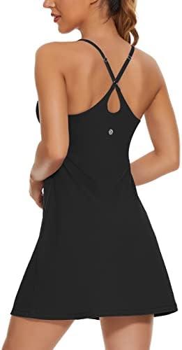 Womens Tennis Dress, 2-in-1 Golf Workout Dress with Built-in Bra & Shorts Pockets, Athletic Dresses with Adjustable Strap, Black, Size M