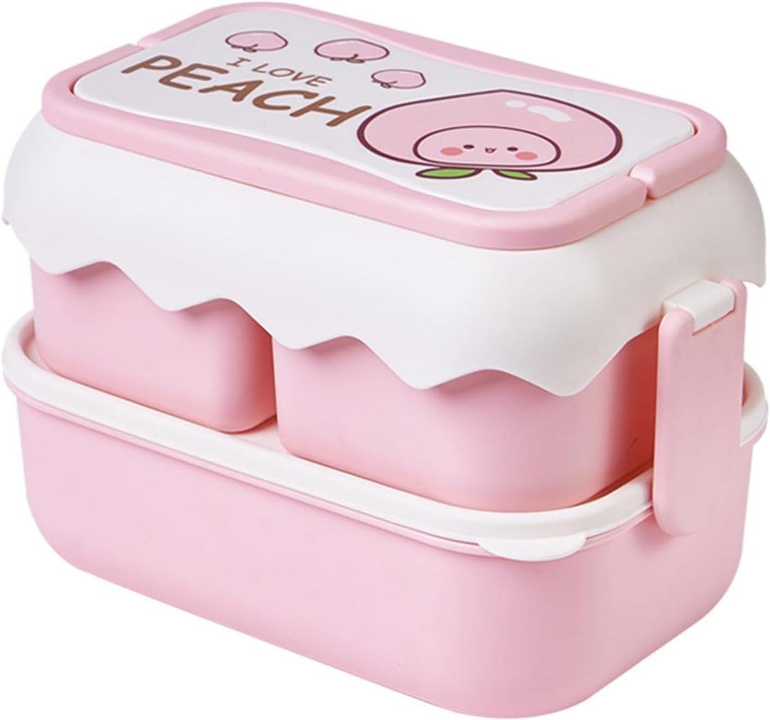 TOPINCN Cute Cartoon Microwaveable Lunch Box With Independent Compartment, Plastic Stackable Container (Pink)