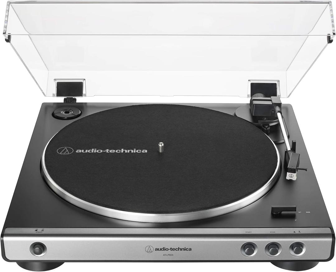 Audio-Technica At-LP60X-GM Fully Automatic Belt-Drive Stereo Turntable, Gunmetal/Black, Hi-Fidelity, Plays 33 -1/3 and 45 RPM Vinyl Records, Dust Cover, Anti-Resonance, Die-Cast Aluminum Platter